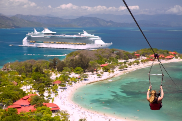 A woman ziplines in Labadee, Haiti