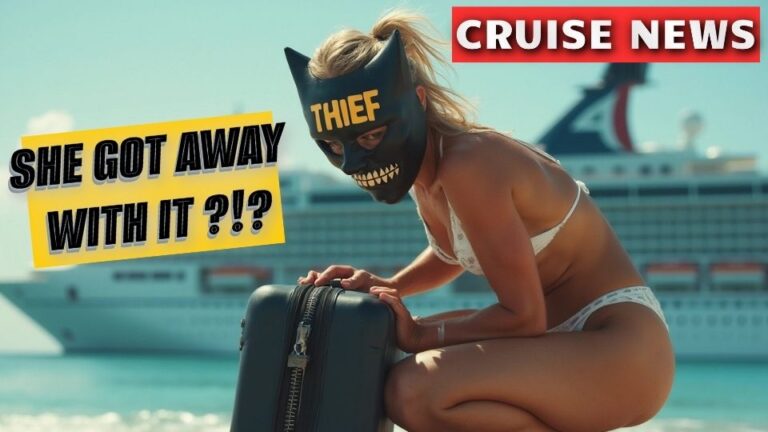 Thumbnail for a cruise news episode showing a woman stealing a suitcase with a cruise ship in the background