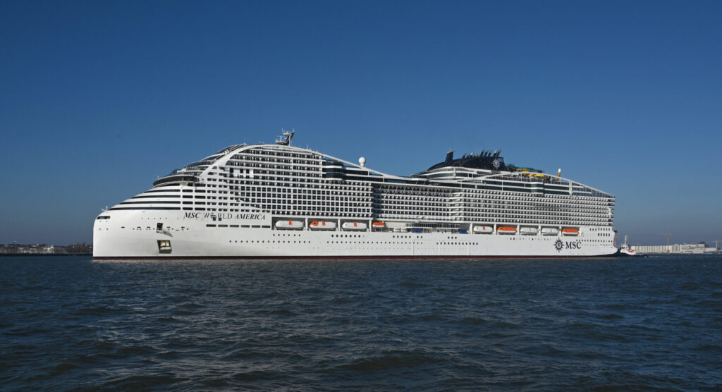 MSC World America cruise ship during sea trials in March 2025