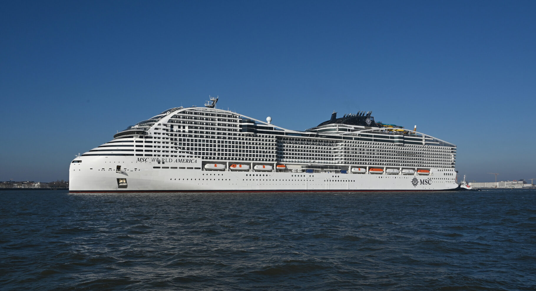 MSC World America cruise ship during sea trials in March 2025