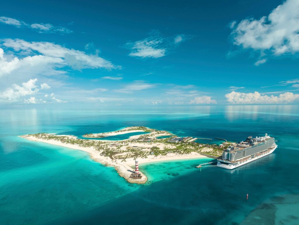 MSC cruise ship docked at Ocean Cay MSC Marine Reserve in the Bahamas