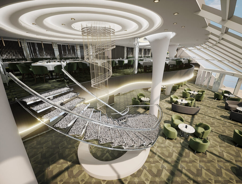 spiral staircase connecting the MSC Yacht Club restaurant with the lounge on the MSC World America