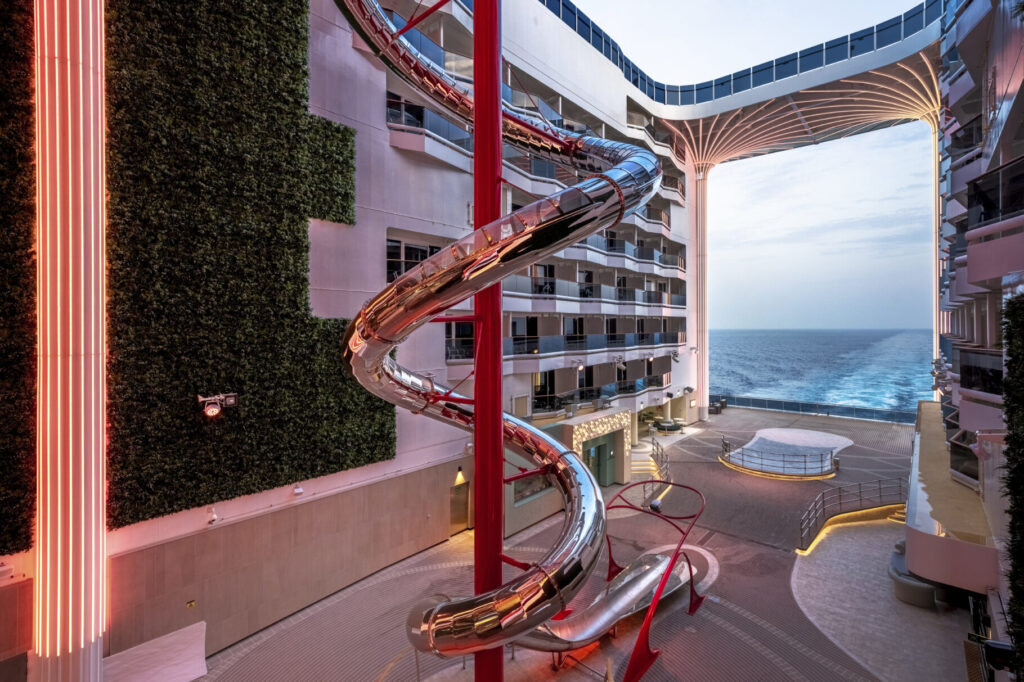 view looking out of the aft of the ship from the World Promenade on board the MSC World Europa