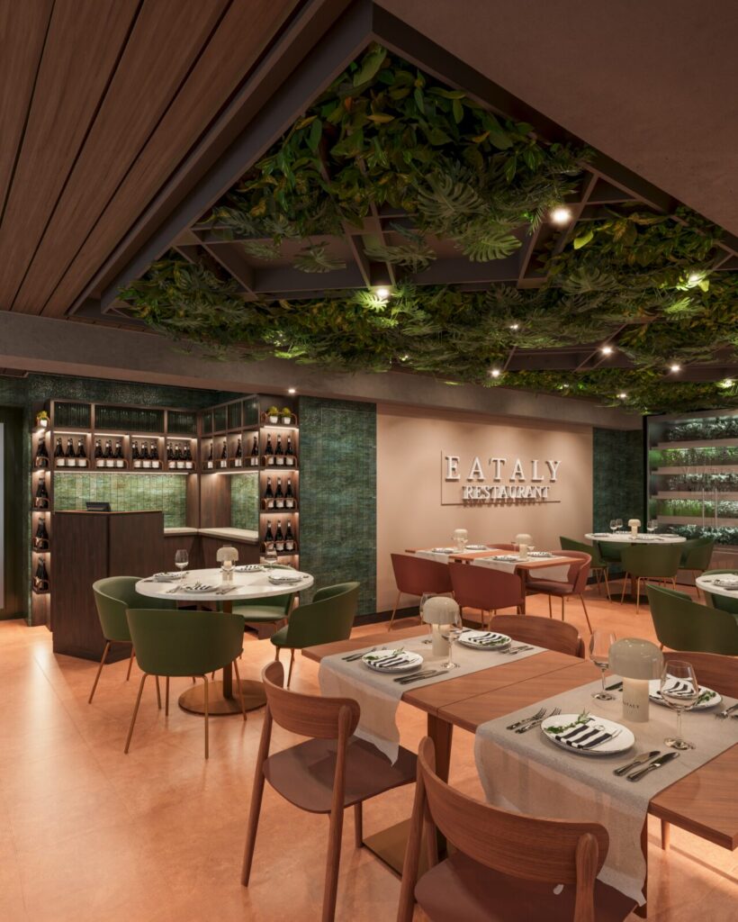 Eataly Restaurant with tables and chairs and a wine cellar in the background