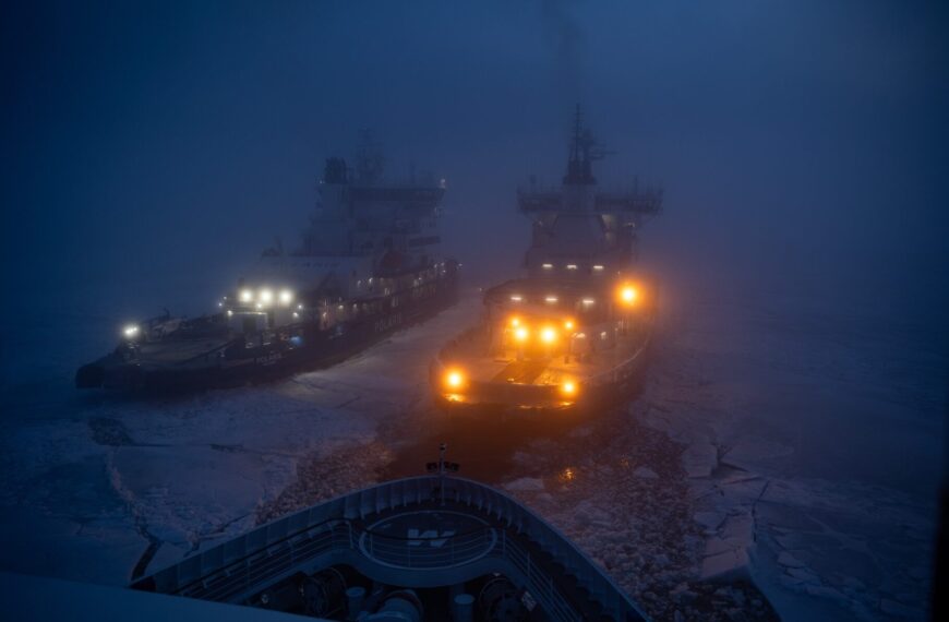 Hanseatic Spirit expedition cruise ship is rescued by ice breaker in the Baltic Sea