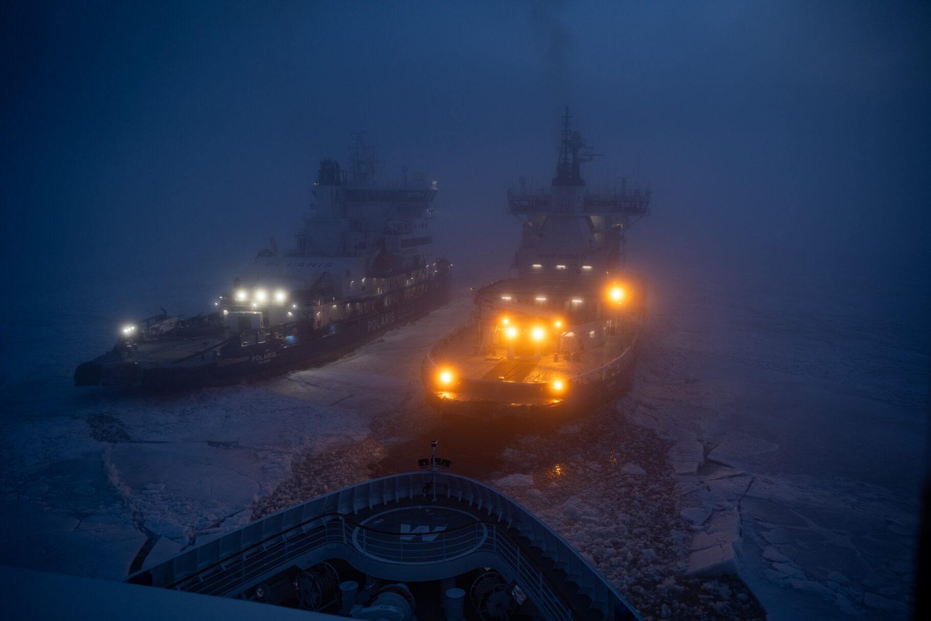 Hanseatic Spirit expedition cruise ship is rescued by ice breaker in the Baltic Sea