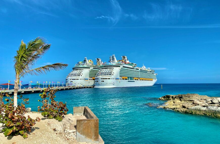 luxury liners sailing on bright ocean near city port