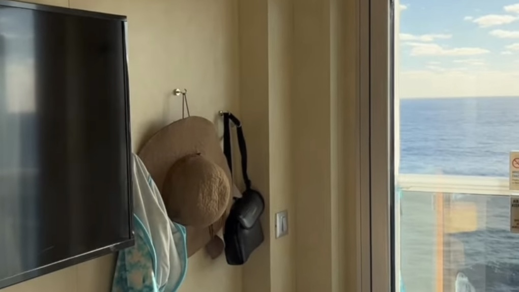 magnetic hooks being used in a cruise cabin to hang a hat, binoculars, and a jacket
