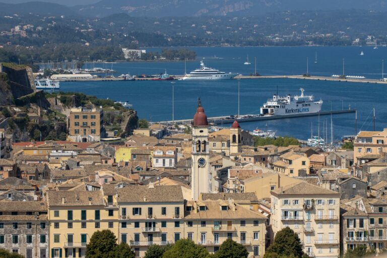 Beautiful aerial view of Corfu Town with historic architecture and harbor in Greece.